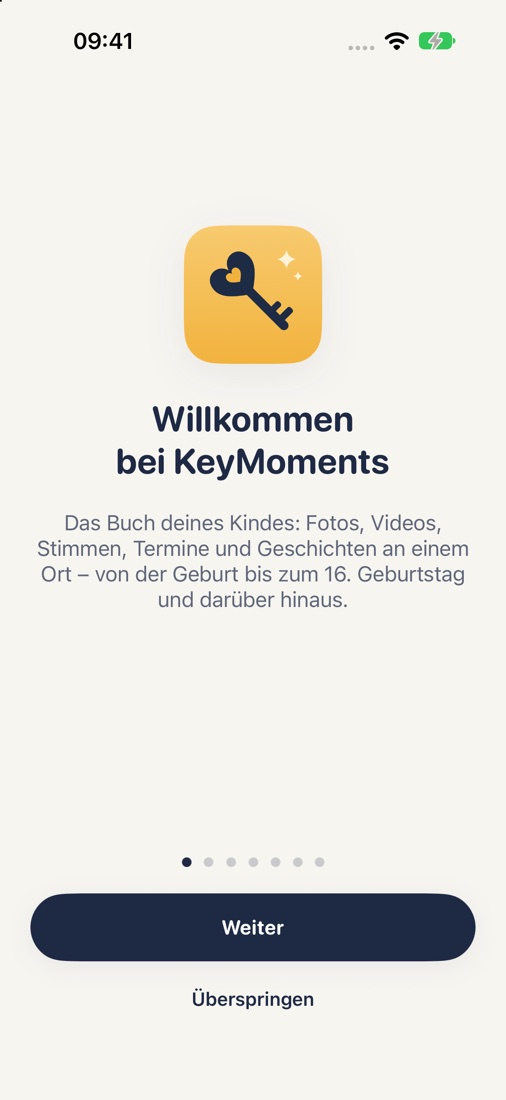 Willkommensseite der App KeyMoments